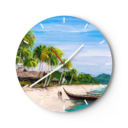 Reloj de pared - Reloj de vidrio - Una playa con palmeras, un barco y edificios exóticos al fondo. - 30x30cm - Un sueño exótico - Decoración de pared moderna para salón, cocina y dormitorio ARTTOR