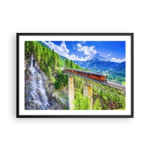 Póster en marco negro - Una montaña rusa en un puente con vistas a una cascada y montañas. - 70x50cm - Ferrocarril a los Alpes - Decoración de pared moderna para salón y dormitorio ARTTOR
