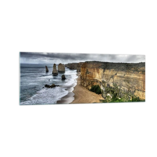 Cuadro sobre vidrio - Impresiones sobre Vidrio - Costa de acantilados con playa y formaciones rocosas - 140x50cm - Belleza en bruto - Decoración de pared moderna para salón y dormitorio ARTTOR