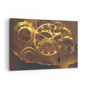 Cuadro sobre lienzo - Impresión de Imagen - Engranajes dorados en un entorno surrealista con una figura - 120x80cm - En la fuente del tiempo - Decoración de pared moderna para salón y dormitorio ARTTOR