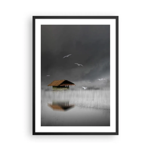 Póster en marco negro - Una casa flotante rodeada de niebla con pájaros sobre un fondo oscuro. - 50x70cm - Resguardo de la lluvia - Decoración de pared moderna para salón y dormitorio ARTTOR