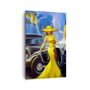 Cuadro sobre lienzo - Impresión de Imagen - Una mujer con un vestido amarillo con un violín junto a un coche retro. - 80x120cm - Noche de violín y pasión - Decoración de pared moderna para salón y dormitorio ARTTOR