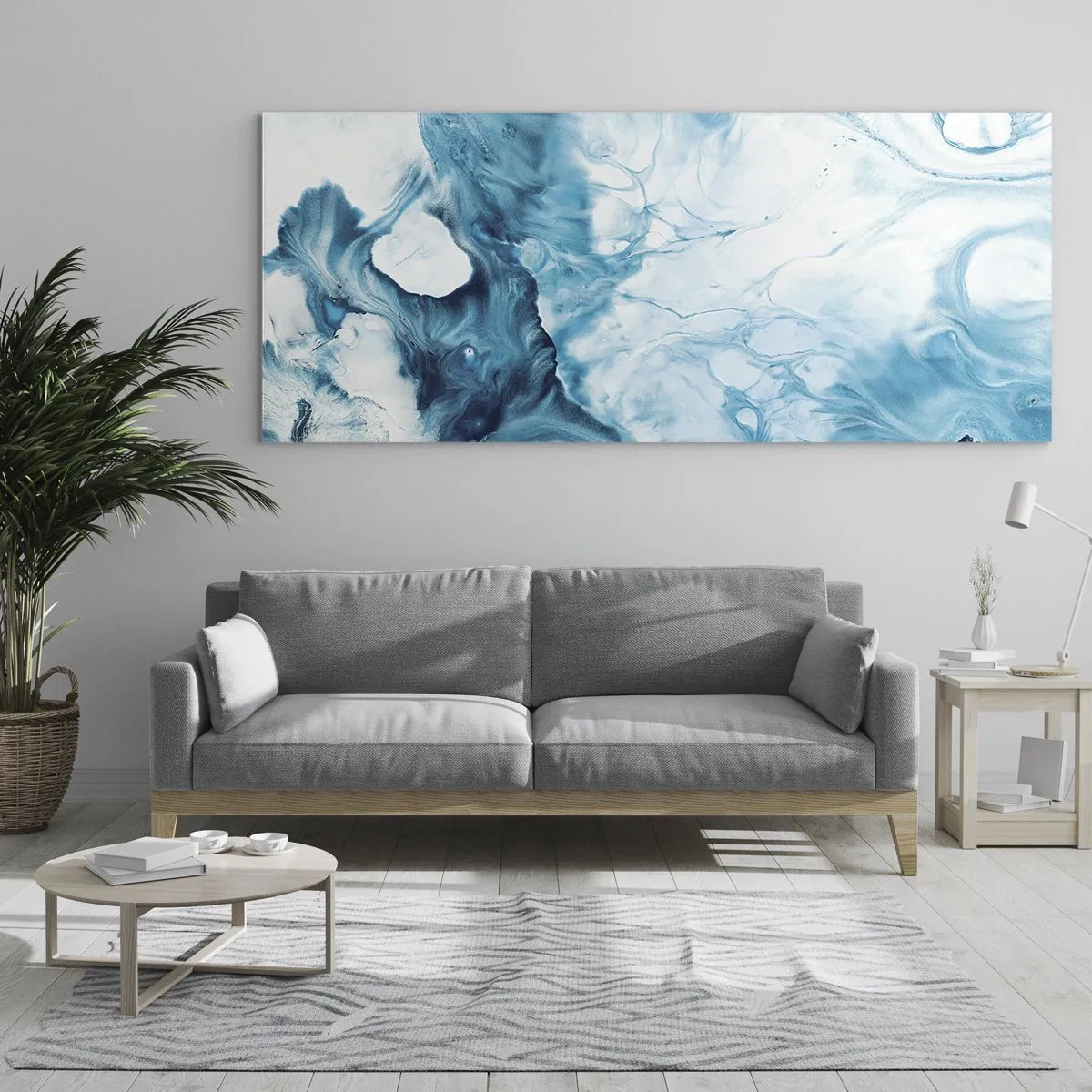 Cuadro sobre vidrio - Impresiones sobre Vidrio - Patrón abstracto en tonos azules - 140x50cm - Un concierto azul - Decoración de pared moderna para salón y dormitorio ARTTOR