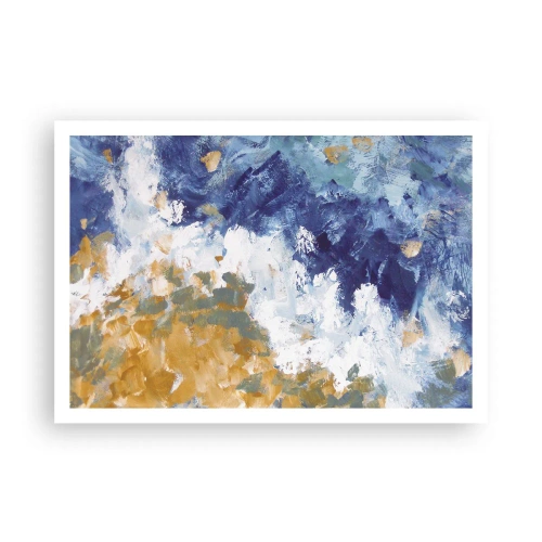 Póster - Abstracción en tonos azules, blancos y dorados. - 100x70cm - Danza de los elementos - Decoración de pared moderna para salón y dormitorio ARTTOR