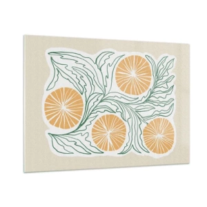 Cuadro sobre vidrio - Impresiones sobre Vidrio - Frutos anaranjados y hojas verdes en una composición gráfica. - 100x70cm - Étnico con un toque de abstracción - Decoración de pared moderna para salón y dormitorio ARTTOR