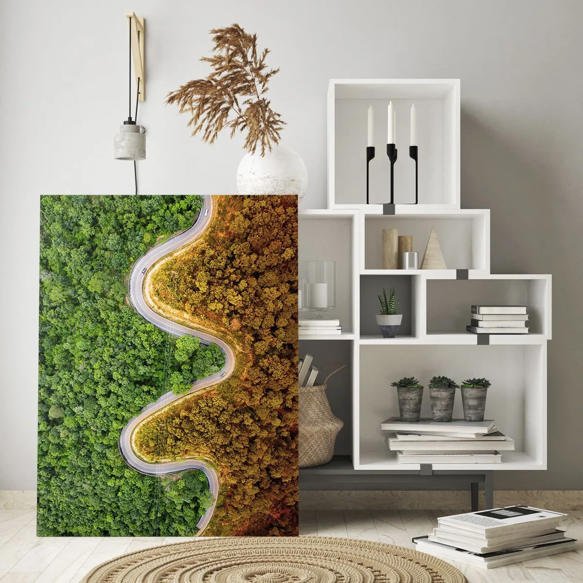 Cuadro sobre vidrio - Impresiones sobre Vidrio - Un camino sinuoso a través de un denso bosque visto a vista de pájaro. - 50x70cm - Frontera serpenteante - Decoración de pared moderna para salón y dormitorio ARTTOR