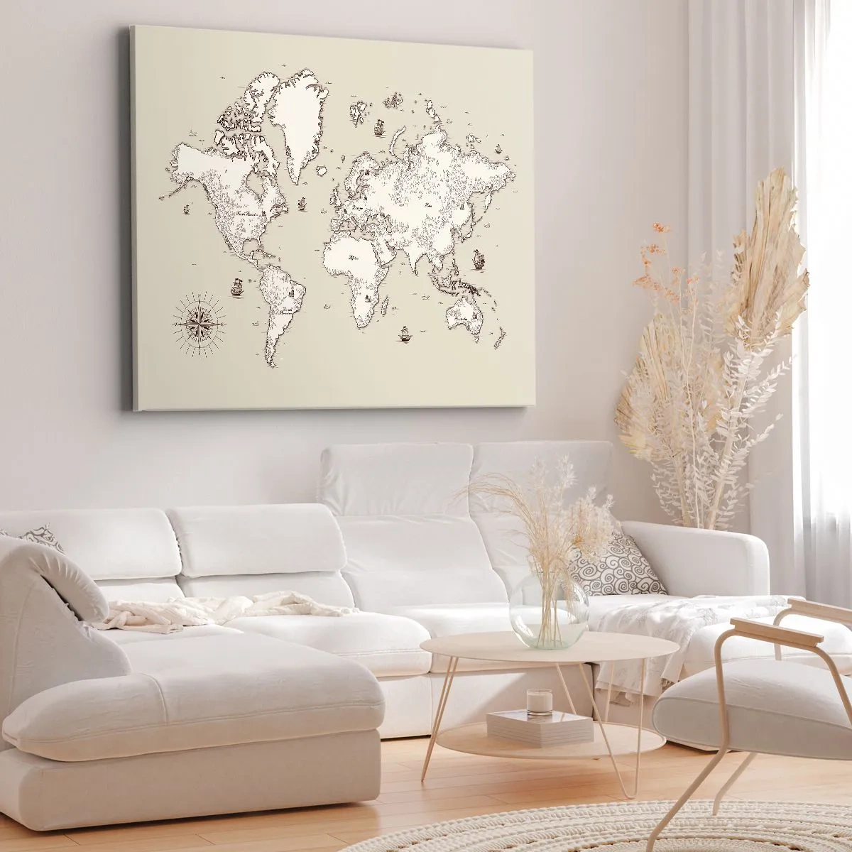 Cuadro sobre lienzo - Impresión de Imagen - Un mapa estilizado del mundo en tonos beige y marrón. - 120x80cm - Un viaje alrededor del mundo - Decoración de pared moderna para salón y dormitorio ARTTOR