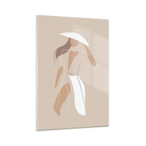 Cuadro sobre vidrio - Impresiones sobre Vidrio - Figura estilizada de una mujer con un sombrero blanco. - 50x70cm - La moda es alegría - Decoración de pared moderna para salón y dormitorio ARTTOR