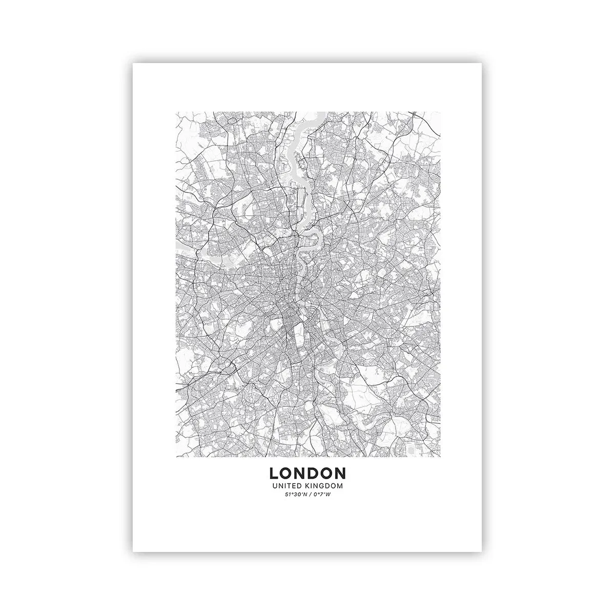 Póster - Mapa en blanco y negro de Londres con detalles precisos de las calles - 50x70cm - Un mapa del laberinto de Londres - Decoración de pared moderna para salón y dormitorio ARTTOR