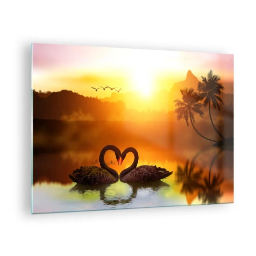 Cuadro sobre vidrio - Impresiones sobre Vidrio - Cisnes negros en el lago al atardecer - 70x50cm - Todo a juego - Decoración de pared moderna para salón y dormitorio ARTTOR