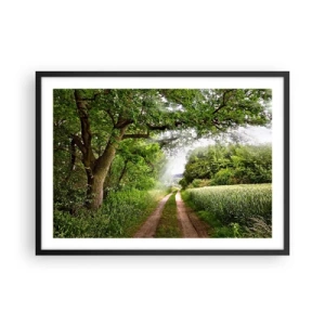 Póster en marco negro - Un camino de tierra entre árboles verdes y luz solar. - 70x50cm - Ensueño - Decoración de pared moderna para salón y dormitorio ARTTOR