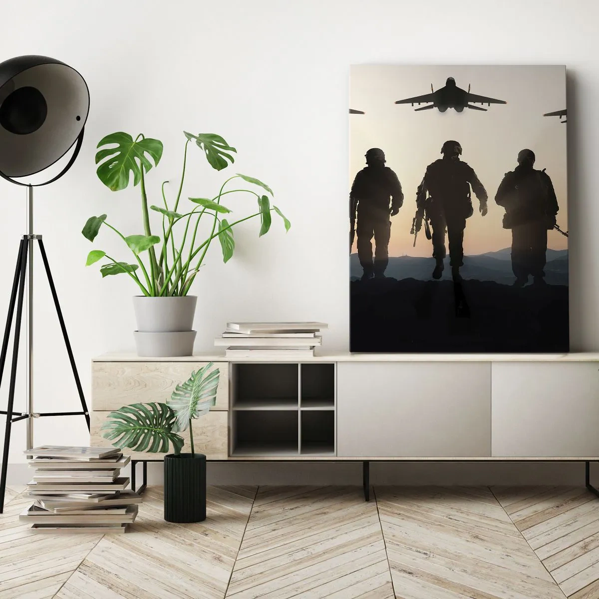 Cuadro sobre lienzo - Impresión de Imagen - Siluetas de soldados y aviones de combate contra el fondo del atardecer. - 50x70cm - Bienvenido a nuestro mundo - Decoración de pared moderna para salón y dormitorio ARTTOR