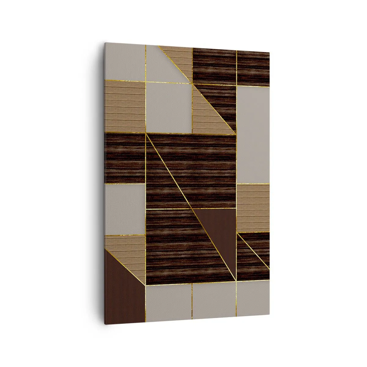 Cuadro sobre lienzo - Impresión de Imagen - Patrones geométricos en tonos marrones con líneas doradas. - 80x120cm - Un mosaico de marrones y dorados - Decoración de pared moderna para salón y dormitorio ARTTOR