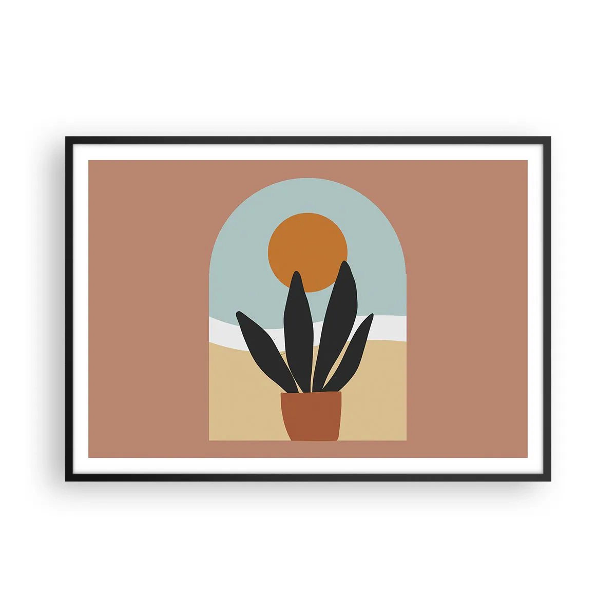 Póster en marco negro - Una planta negra en una maceta contra el sol. - 100x70cm - Pequeñas alegrías - Decoración de pared moderna para salón y dormitorio ARTTOR