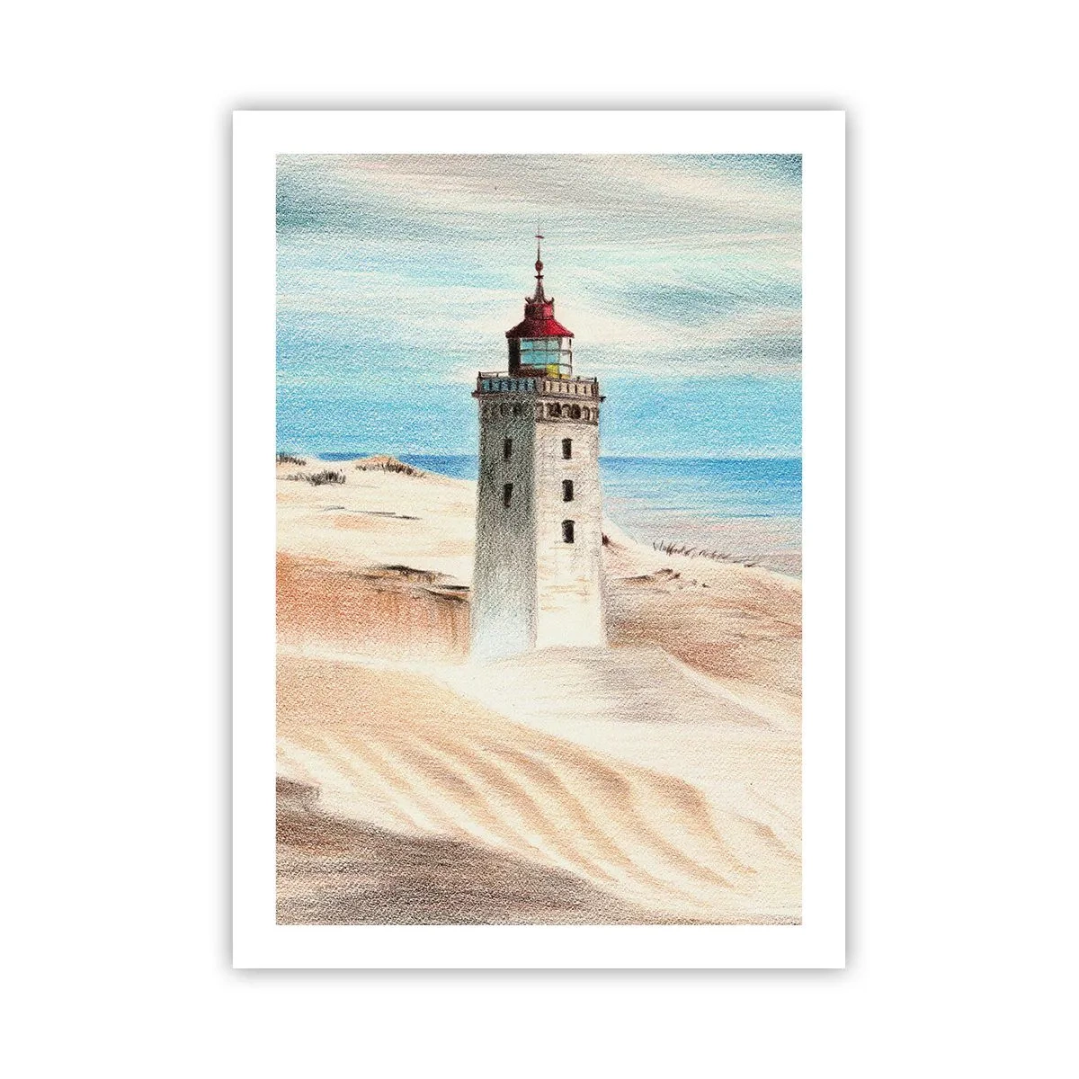 Póster - Un faro con el telón de fondo de dunas de arena y un cielo azul. - 50x70cm - Siempre mirando al mar - Decoración de pared moderna para salón y dormitorio ARTTOR