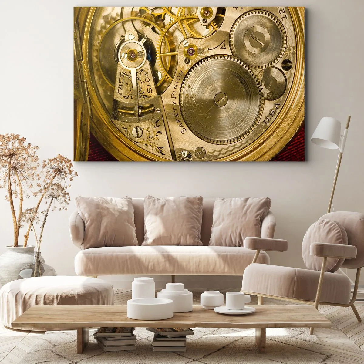 Cuadro sobre lienzo - Impresión de Imagen - Mecanismo de reloj con engranajes y detalles visibles. - 70x50cm - Siga el ritmo de los tiempos - Decoración de pared moderna para salón y dormitorio ARTTOR
