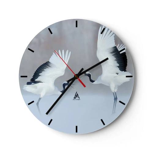 Reloj de pared - Reloj de vidrio - Dos grullas danzantes en un paisaje invernal - 30x30cm - Danza en la niebla - Decoración de pared moderna para salón, cocina y dormitorio ARTTOR