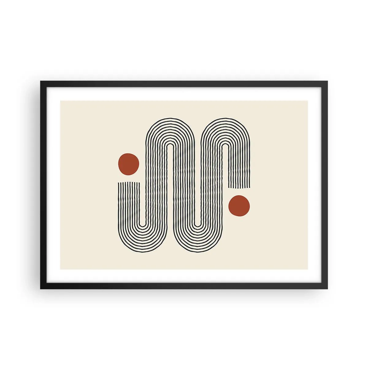 Póster en marco negro - Patrón geométrico con líneas y círculos naranjas. - 70x50cm - De principio a fin - Decoración de pared moderna para salón y dormitorio ARTTOR