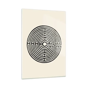 Cuadro sobre vidrio - Impresiones sobre Vidrio - Un laberinto en blanco y negro en forma circular sobre un fondo claro. - 50x70cm - Orden misterioso - Decoración de pared moderna para salón y dormitorio ARTTOR