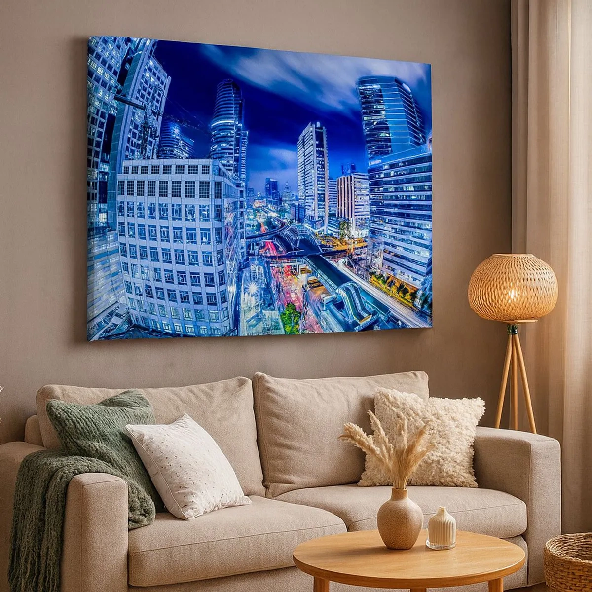 Cuadro sobre lienzo - Impresión de Imagen - Panorama nocturno de la ciudad con rascacielos y farolas - 70x50cm - Ritmos de la ciudad nocturna - Decoración de pared moderna para salón y dormitorio ARTTOR