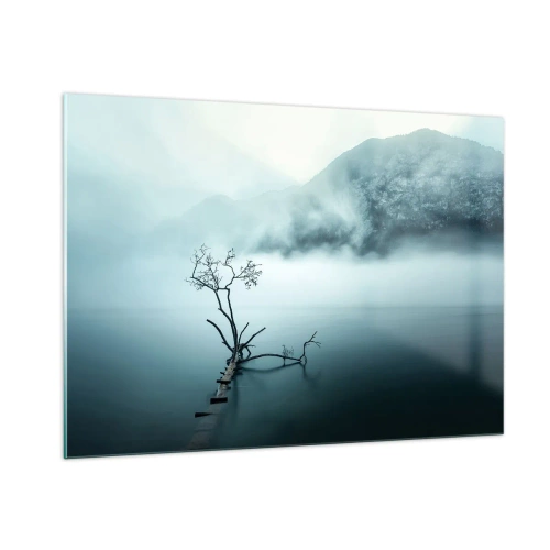 Cuadro sobre vidrio - Impresiones sobre Vidrio - Un árbol solitario con el telón de fondo de montañas envueltas en niebla sobre el agua. - 100x70cm - Fuera del agua y de la niebla - Decoración de pared moderna para salón y dormitorio ARTTOR