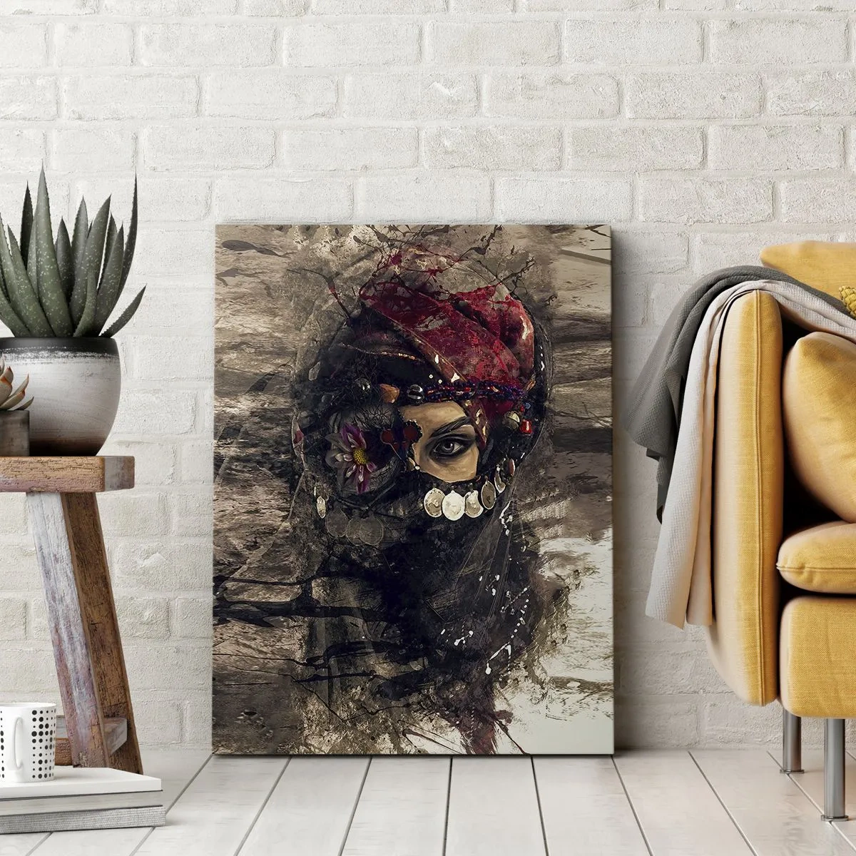 Cuadro sobre lienzo - Impresión de Imagen - Retrato artístico de una mujer con atuendo oriental sobre un fondo abstracto. - 50x70cm - Inquietante, como mínimo - Decoración de pared moderna para salón y dormitorio ARTTOR