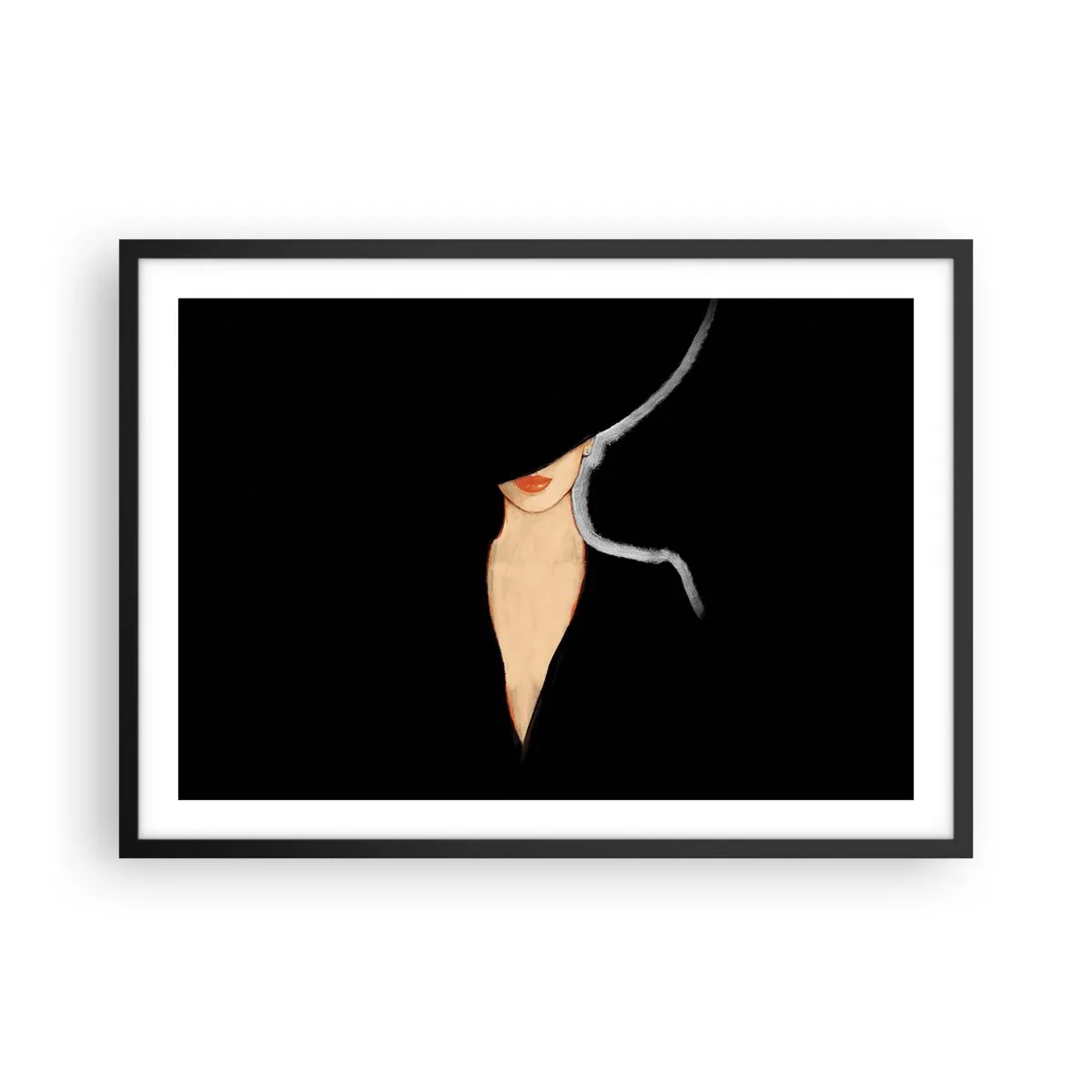 Póster en marco negro - Silueta de una mujer con sombrero sobre un fondo negro - 70x50cm - Elegancia y estilo - Decoración de pared moderna para salón y dormitorio ARTTOR