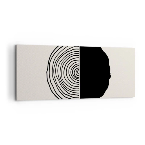 Cuadro sobre lienzo - Impresión de Imagen - Un motivo abstracto en blanco y negro inspirado en una sección transversal de madera con una división geométrica. - 120x50cm - Mitad y mitad - Decoración de pared moderna para salón y dormitorio ARTTOR