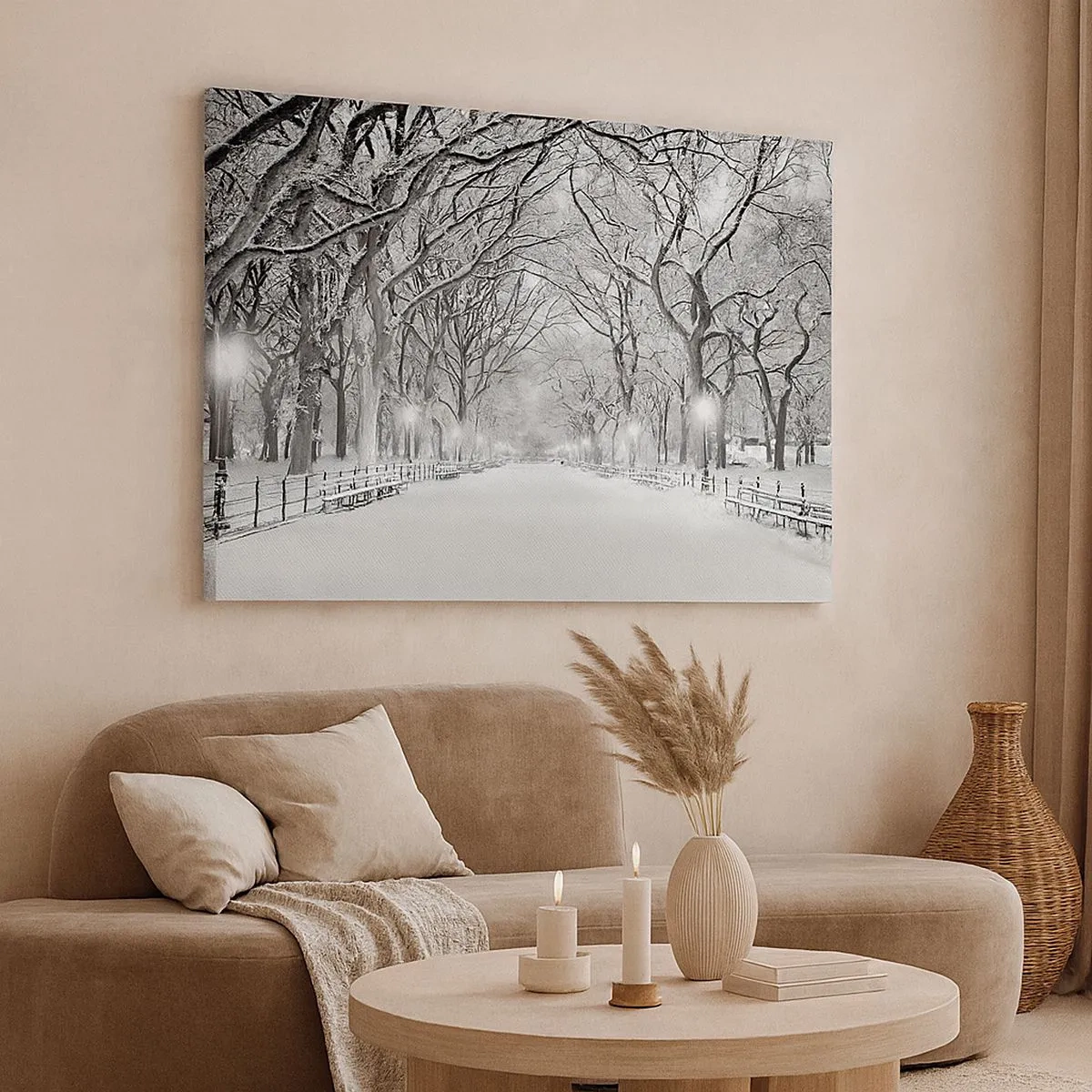 Cuadro sobre lienzo - Impresión de Imagen - Un callejón invernal con árboles cubiertos de nieve en monocromo. - 70x50cm - Cuatro estaciones - invierno - Decoración de pared moderna para salón y dormitorio ARTTOR