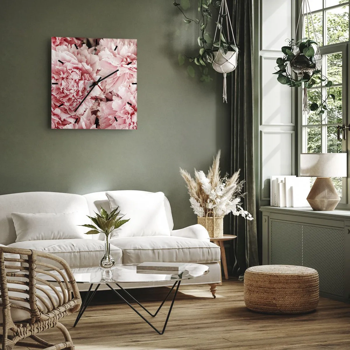 Reloj de pared - Reloj de vidrio - Peonías rosas sutiles en un entorno delicado. - 30x30cm - Sueño rosa - Decoración de pared moderna para salón y dormitorio ARTTOR