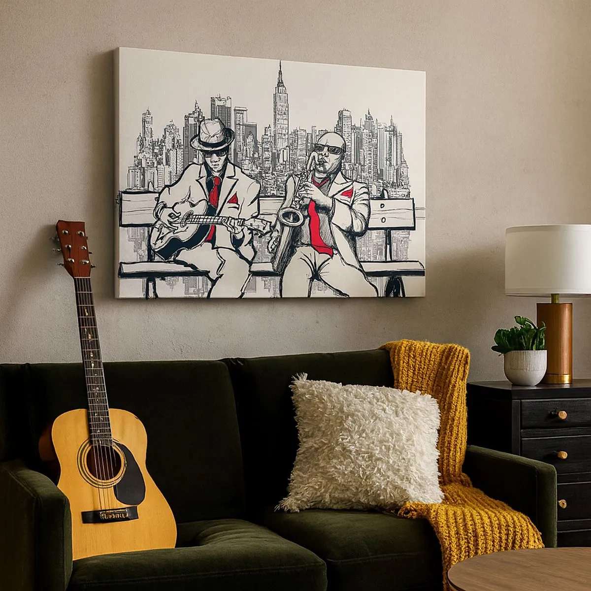Cuadro sobre lienzo - Impresión de Imagen - Un dúo de jazz con saxofón y guitarra con la ciudad como telón de fondo. - 70x50cm - Improvisación en Nueva York - Decoración de pared moderna para salón y dormitorio ARTTOR