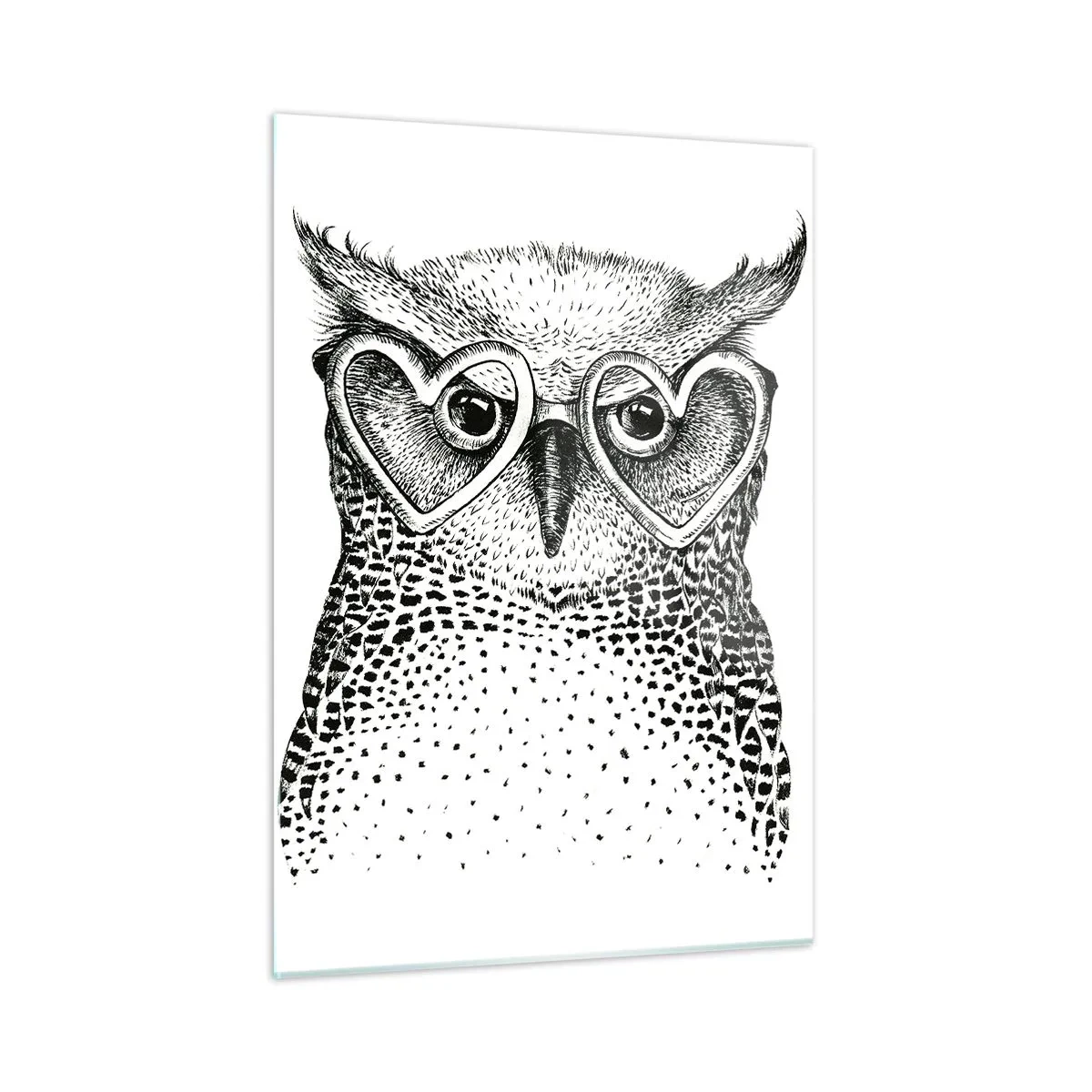 Cuadro sobre vidrio - Impresiones sobre Vidrio - Ilustración de un búho con gafas en forma de corazón - 50x70cm - Con sabiduría y amor - Decoración de pared moderna para salón y dormitorio ARTTOR