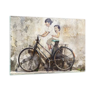 Cuadro sobre vidrio - Impresiones sobre Vidrio - Un mural con una bicicleta y figuras de niños sobre un fondo de pared. - 120x80cm - ¿Verdadero o falso? - Decoración de pared moderna para salón y dormitorio ARTTOR