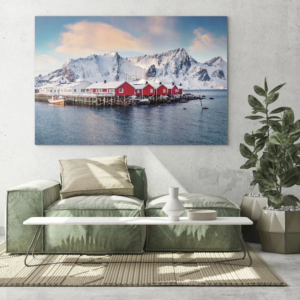 Cuadro sobre vidrio - Impresiones sobre Vidrio - Cabañas de pescadores rojas en el fiordo con montañas al fondo - 70x50cm - Un retiro en el norte - Decoración de pared moderna para salón y dormitorio ARTTOR
