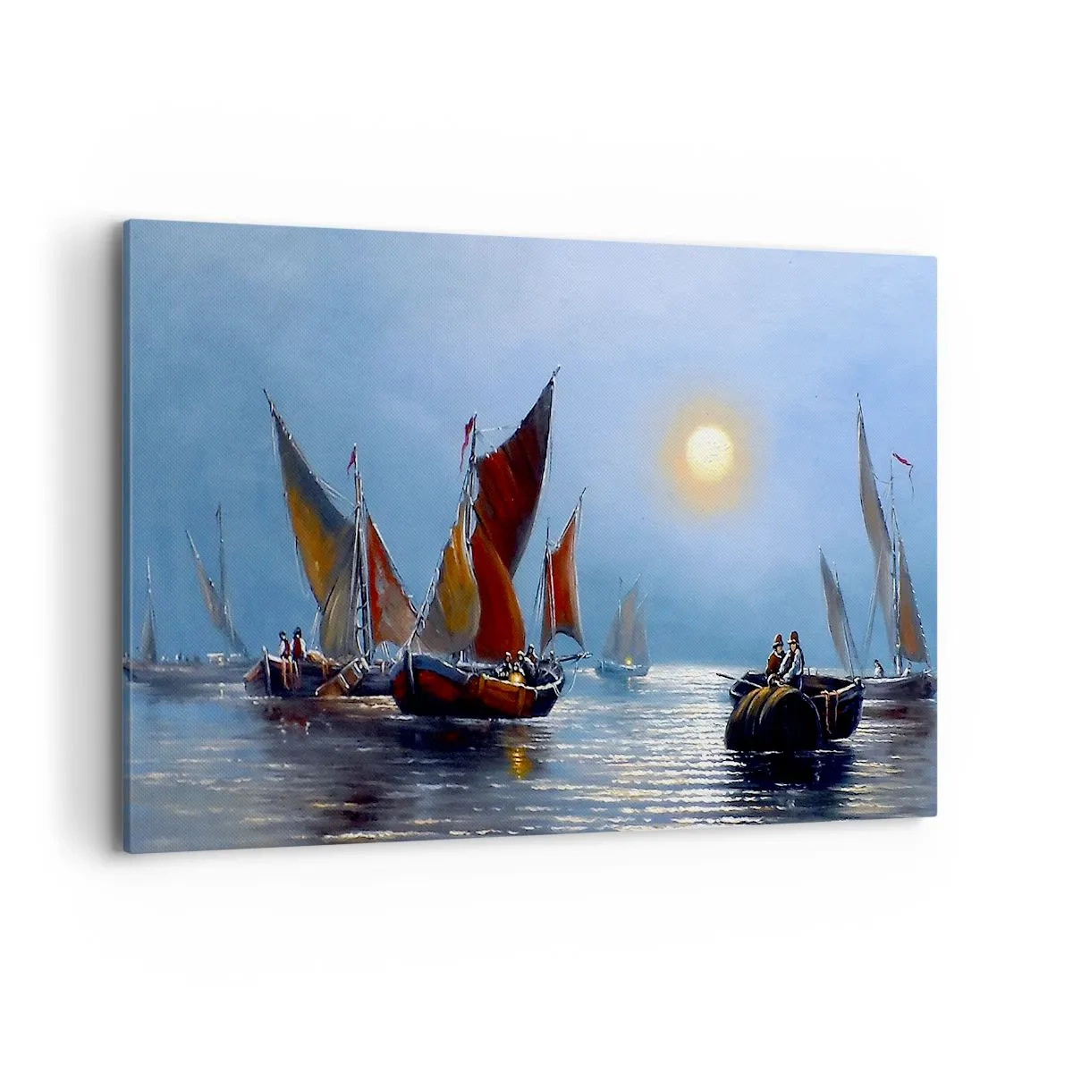 Cuadro sobre lienzo - Impresión de Imagen - Barcos con velas en aguas tranquilas al atardecer - 120x80cm - Pesca nocturna - Decoración de pared moderna para salón y dormitorio ARTTOR