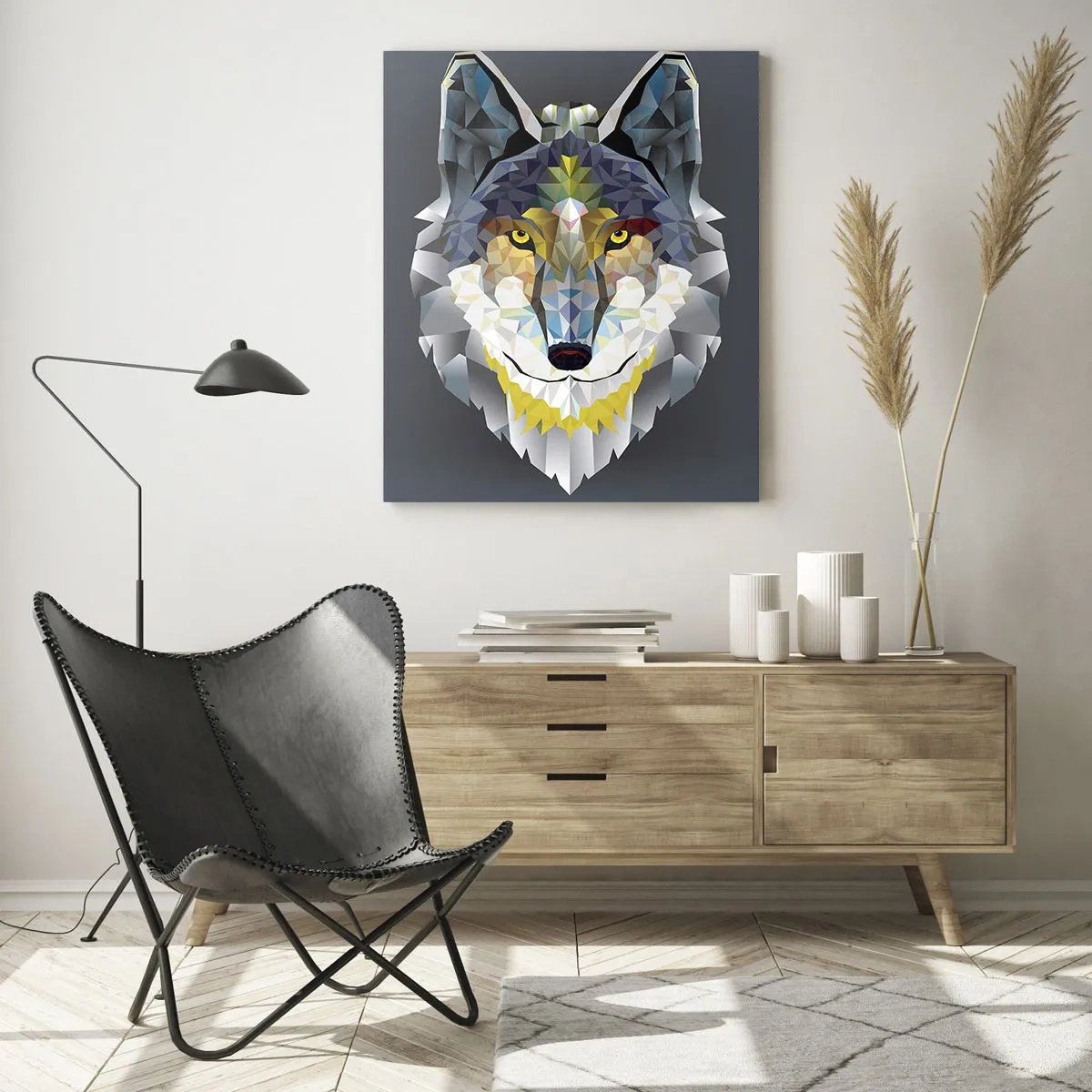 Cuadro sobre vidrio - Impresiones sobre Vidrio - Imagen geométrica de un lobo sobre un fondo gris. - 70x100cm - Habla del lobo si lo ves - Decoración de pared moderna para salón y dormitorio ARTTOR