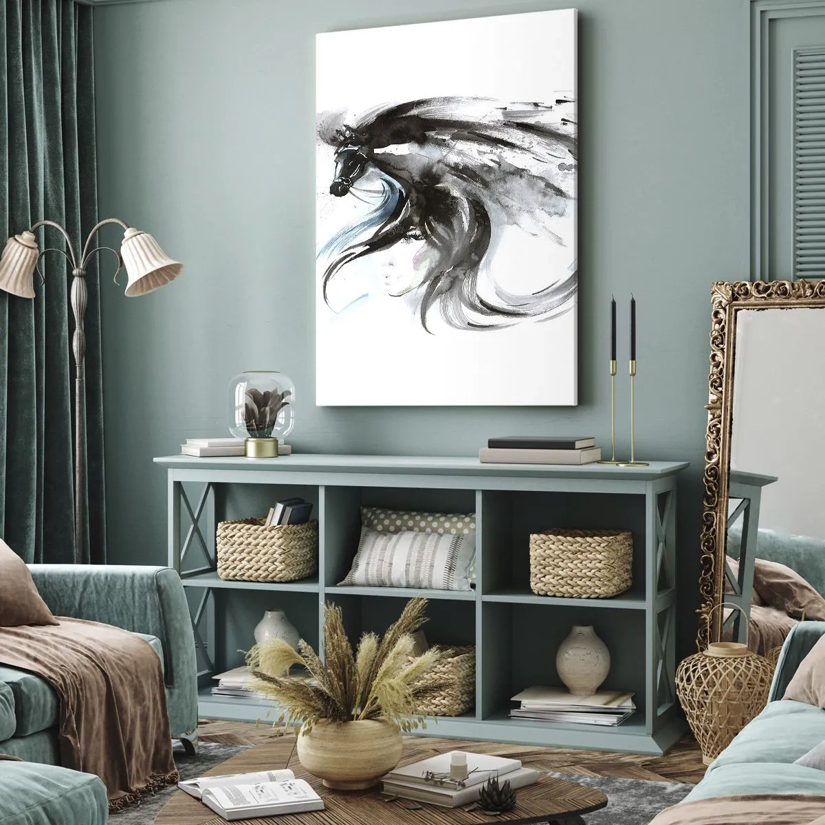 Cuadro sobre lienzo - Impresión de Imagen - Una mujer y un caballo en una acuarela mística llena de dinámica. - 50x70cm - El galope del Príncipe Negro - Decoración de pared moderna para salón y dormitorio ARTTOR