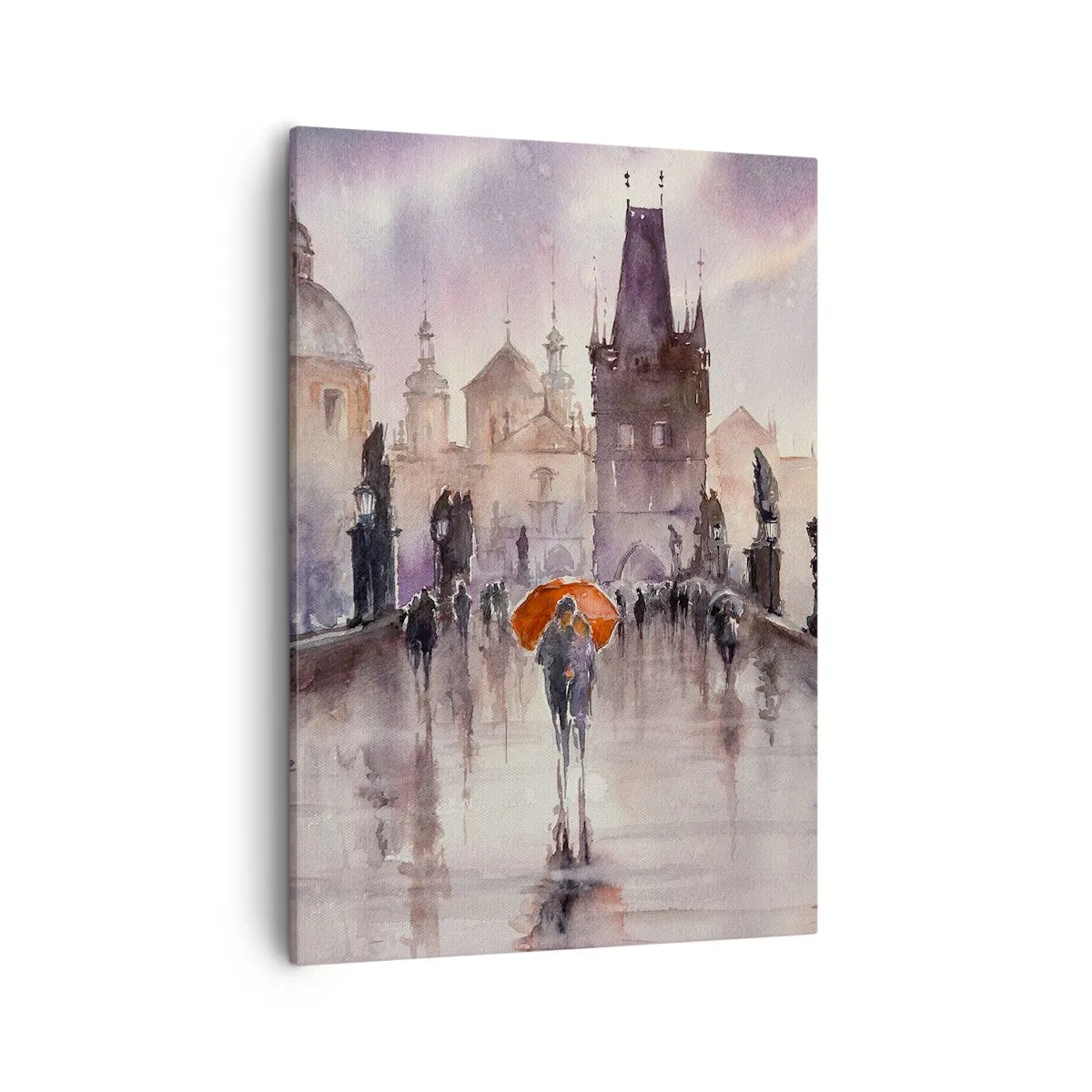 Cuadro sobre lienzo - Impresión de Imagen - Vista romántica de un puente con un paraguas con el telón de fondo de una ciudad al atardecer. - 50x70cm - La gente no cambia - Decoración de pared moderna para salón y dormitorio ARTTOR