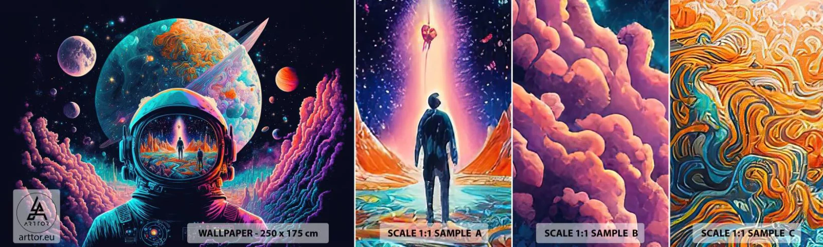 Muestra De Fotomural Standard Eco - Sueños de niño - Astronauta, Futurista, Cosmos - 100x30 cm