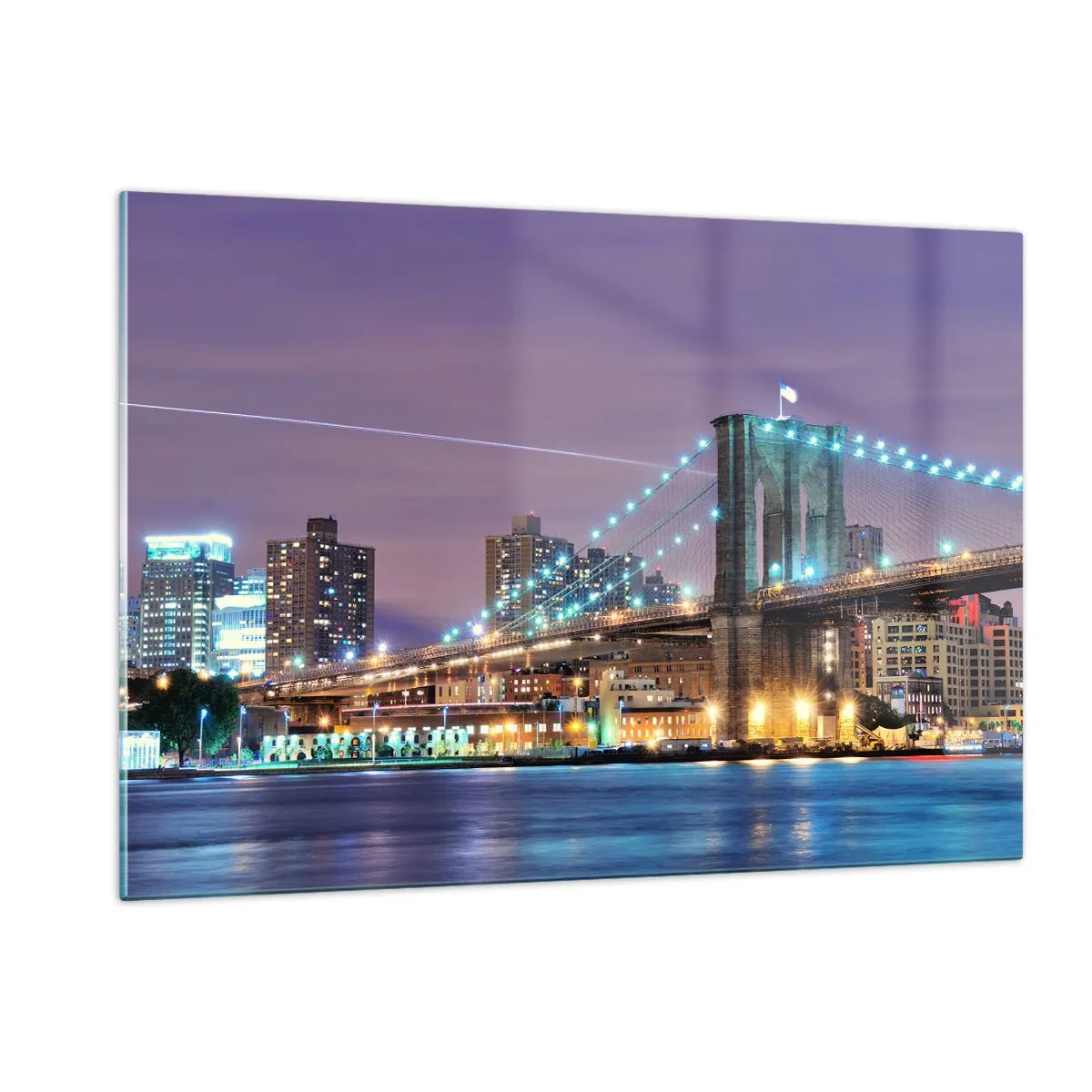 Cuadro sobre vidrio - Impresiones sobre Vidrio - Puente de Brooklyn de noche con las torres y la ciudad iluminada - 120x80cm - Durante muchos años, el puente de Brooklyn - Decoración de pared moderna para salón y dormitorio ARTTOR