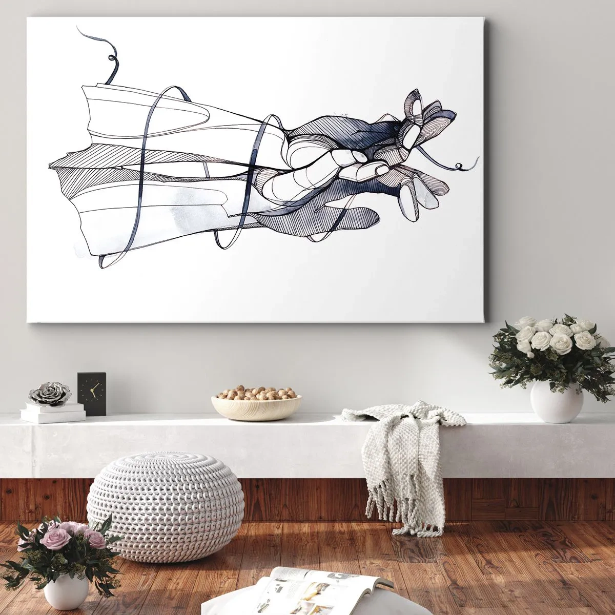 Cuadro sobre lienzo - Impresión de Imagen - Un dibujo sutil de una mano con una delicada flor. - 70x50cm - Un estudio sobre el contacto - Decoración de pared moderna para salón y dormitorio ARTTOR
