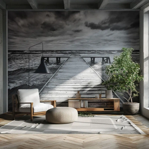 Fotomural Premium Sand - Muelle de madera en blanco y negro - 100x70cm - Estoy esperando que sople el viento... - Decoración de pared moderna para salón y dormitorio ARTTOR