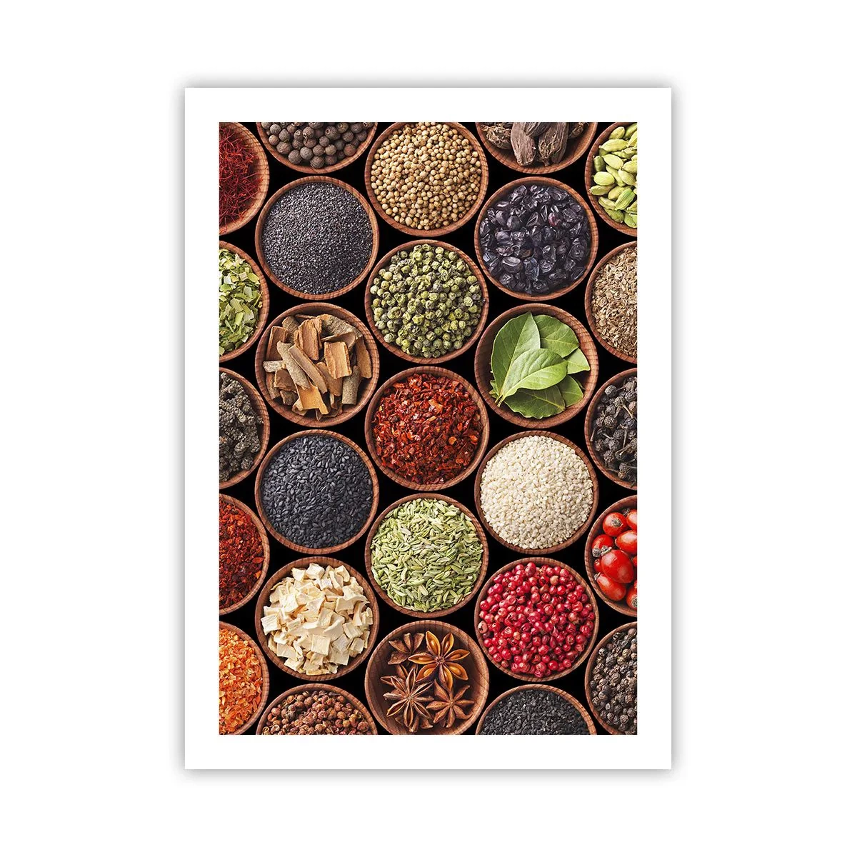 Póster - Especias de colores en pequeños cuencos de madera. - 50x70cm - Todos los sabores del mundo - Decoración de pared moderna para salón y dormitorio ARTTOR