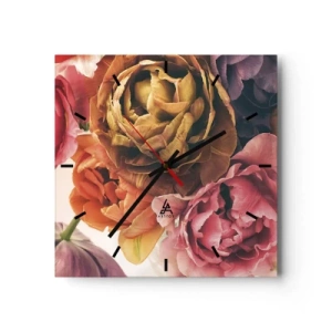 Reloj de pared - Reloj de vidrio - Un ramo de varias flores en colores intensos. - 30x30cm - Celebración de la vida - Decoración de pared moderna para salón y dormitorio ARTTOR