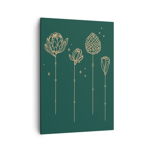 Cuadro sobre lienzo - Impresión de Imagen - Dibujos dorados de hierbas sobre un fondo verde oscuro. - 50x70cm - La familia vegetal - Decoración de pared moderna para salón y dormitorio ARTTOR