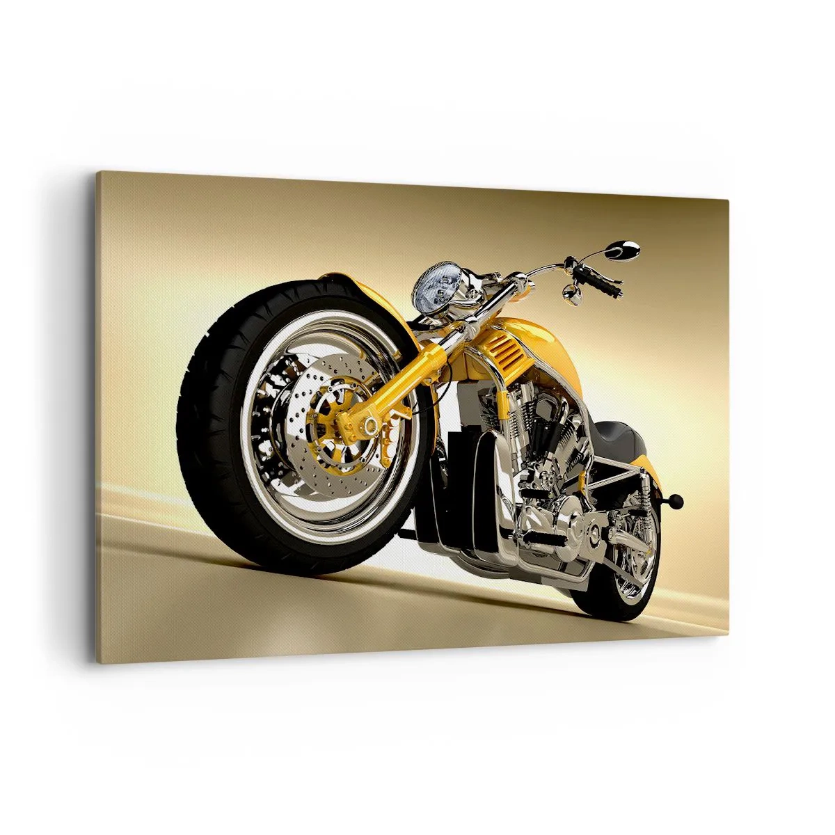 Cuadro sobre lienzo - Impresión de Imagen - Una motocicleta estilo chopper amarilla contra una pared beige - 100x70cm - Un sueño de fuerza y velocidad - Decoración de pared moderna para salón y dormitorio ARTTOR