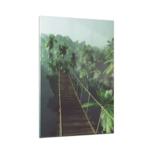 Cuadro sobre vidrio - Impresiones sobre Vidrio - Un puente colgante en un bosque tropical rodeado de niebla. - 80x120cm - Sobre un mar de verde - Decoración de pared moderna para salón y dormitorio ARTTOR