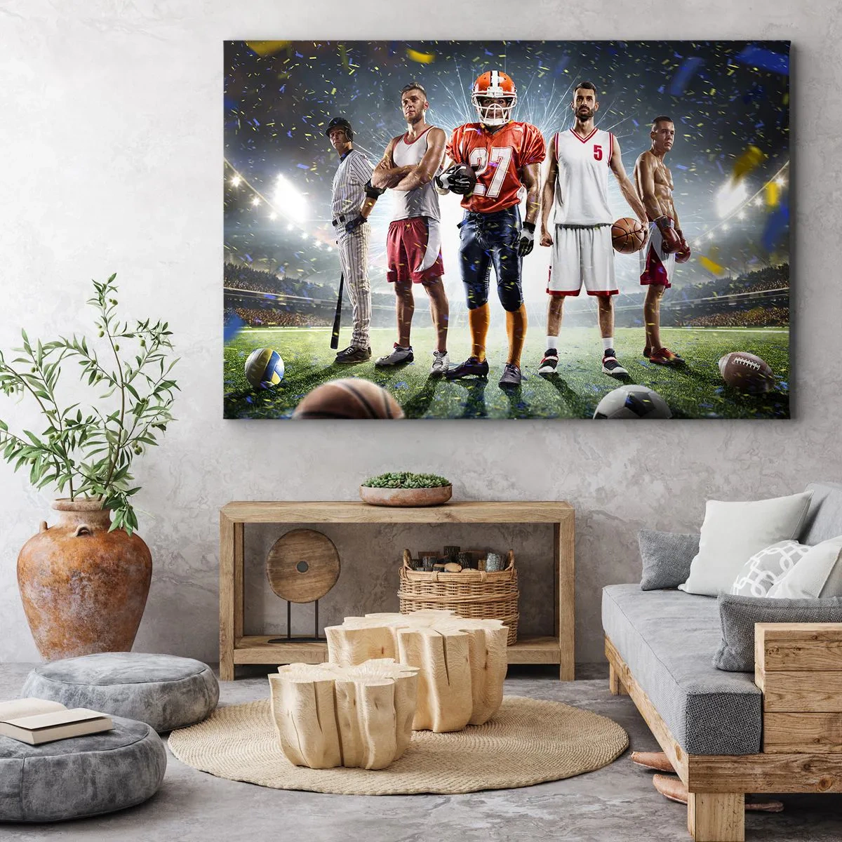 Cuadro sobre lienzo - Impresión de Imagen - Una escena dinámica de atletas de diversas disciplinas en el estadio bajo los focos. - 70x50cm - Gladiadores sobre los terrenos de juego - Decoración de pared moderna para salón y dormitorio ARTTOR