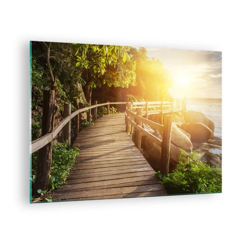 Cuadro sobre vidrio - Impresiones sobre Vidrio - Un camino de madera entre los árboles junto al mar a la luz del atardecer. - 70x50cm - Otra curva, otra maravilla - Decoración de pared moderna para salón y dormitorio ARTTOR