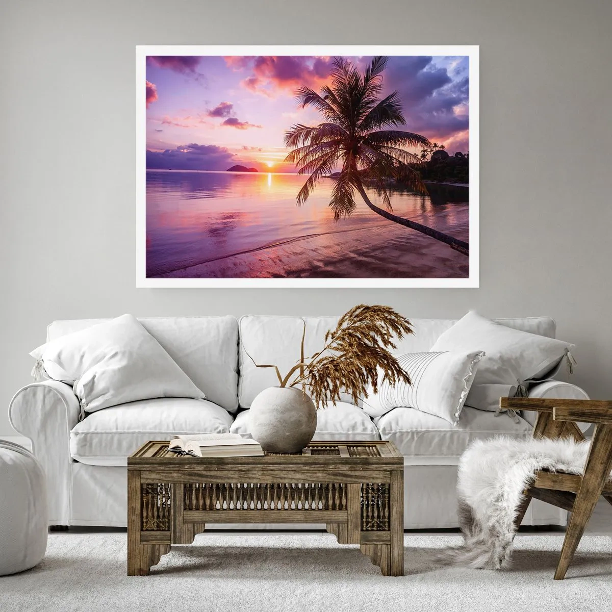 Póster - Playa tropical con palmeras al atardecer - 100x70cm - Hermosura hasta el horizonte - Decoración de pared moderna para salón y dormitorio ARTTOR